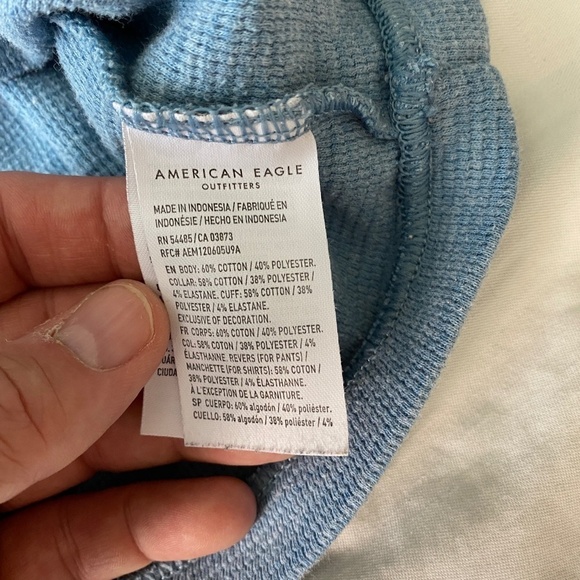 American Eagle Men's Pale Blue Long Sleeve Tight Waffle Knit LS T-Shirt Medium - Picture 7 of 13